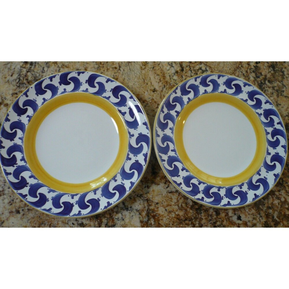 Herend Village Splash 2 Dinner Plates 10 7/8" Blue Yellow Hungary (A)